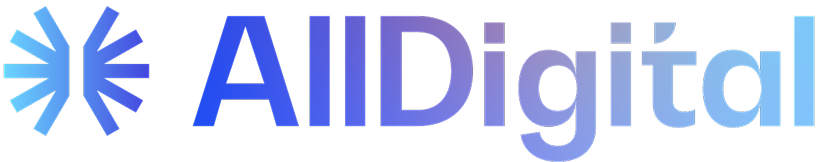 Logo of AllDigital Specialty with a blue abstract symbol resembling a starburst to the left of the blue text 'AllDigital'