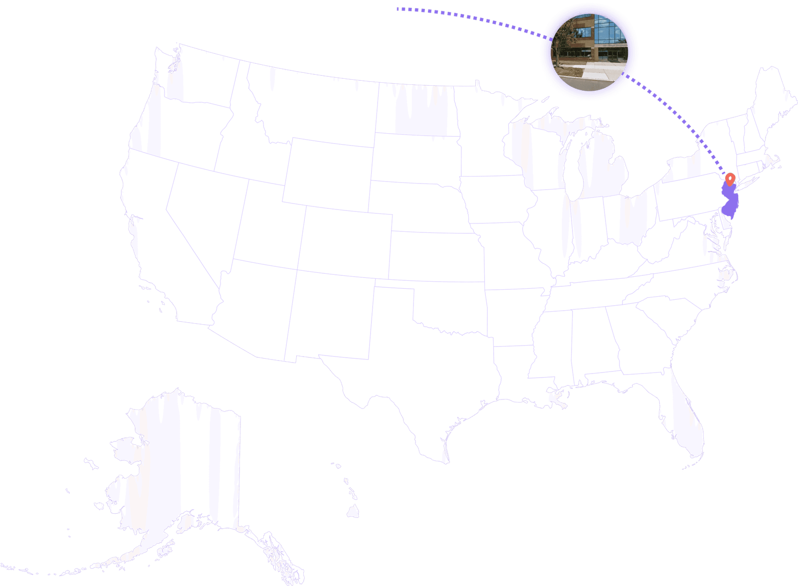 Map of the USA highlighting the office location of AllDigital Specialty in Princeton, New Jersey