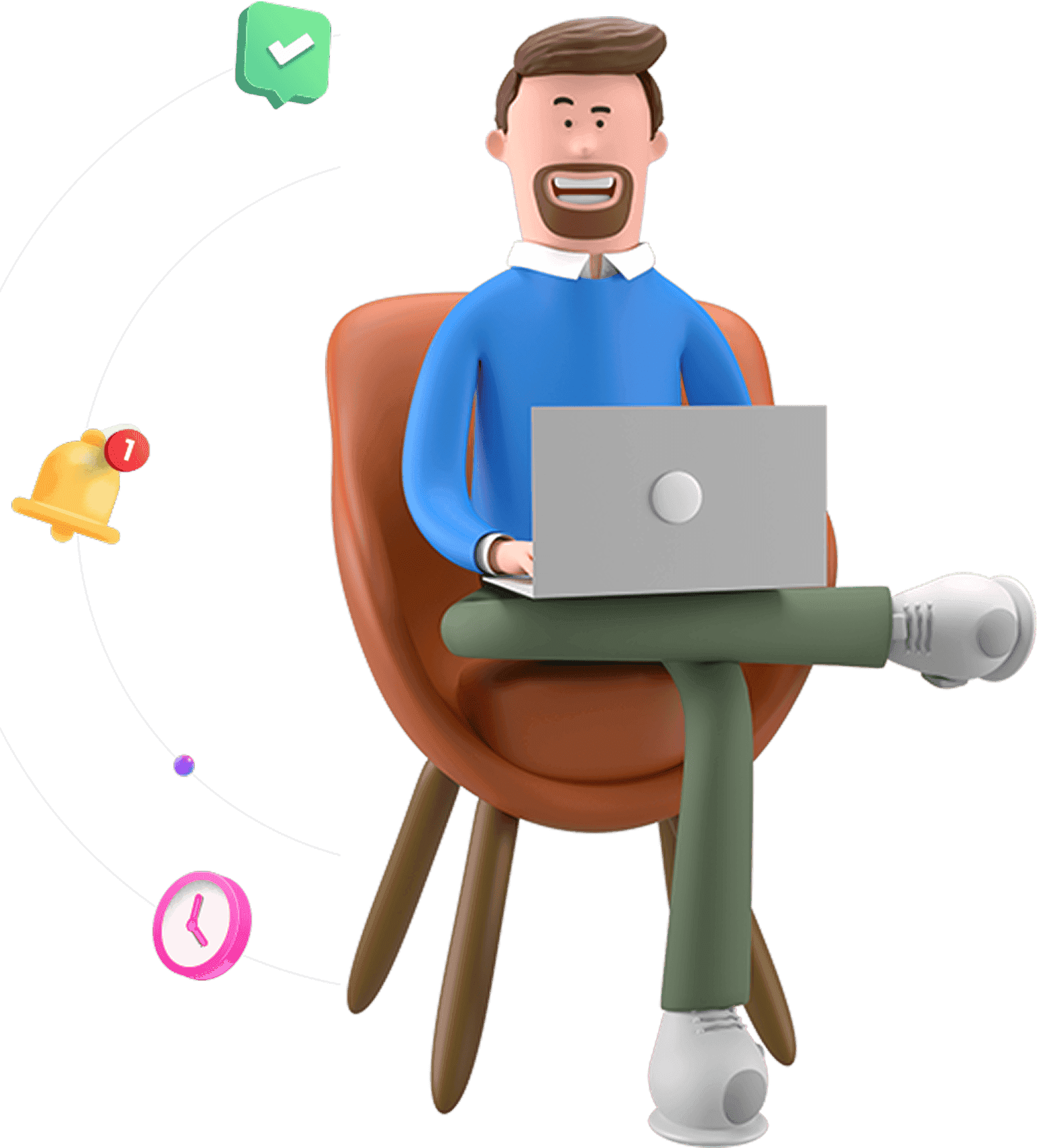 Animated character using a laptop surrounded by task and notification icons representing digital work